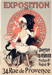 Reprodução de um cartaz publicitário de uma &39;Exposição das Pinturas e Desenhos de A. Willette (1857-1926), Rue de Provence, 1888